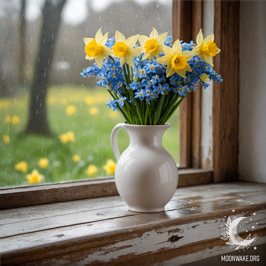 A white porcelain vase with daffodils and forget-me-nots on a weathered wooden window sill, gently touched by raindrops.