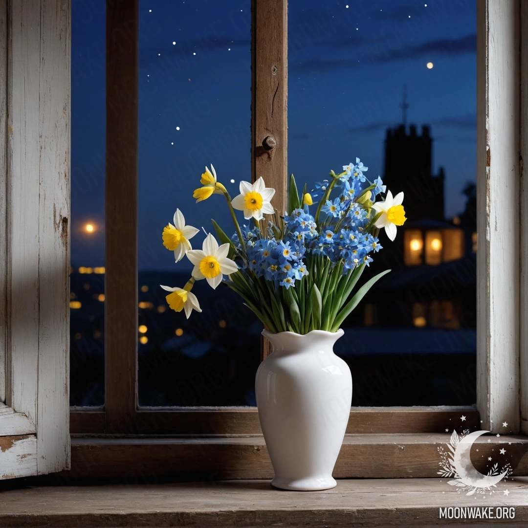 An old, shabby wooden window sill adorned with a white porcelain vase holding daffodils and forget-me-nots under a night sky.