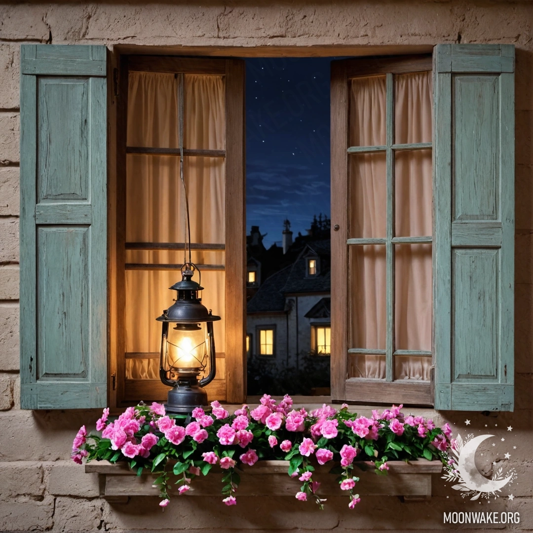 Rustic Window with Kerosene Lamp and Pink Flowers A photorealistic image of a shabby wooden window with shutters, a kerosene lamp hanging above, and a branch with pink flowers curving around it at night.