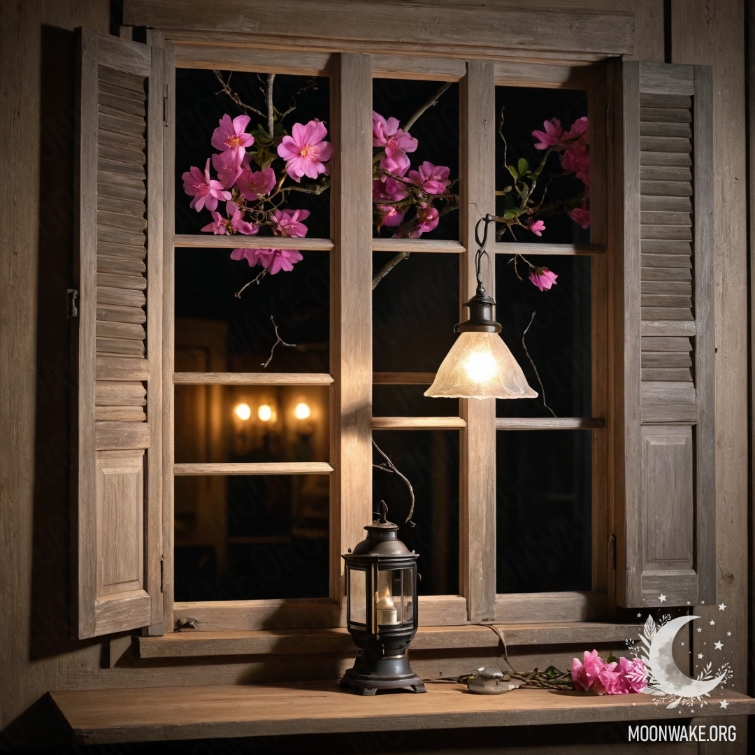 A shabby wooden window with shutters surrounded by pink flowers and a kerosene lamp hanging above it at night.