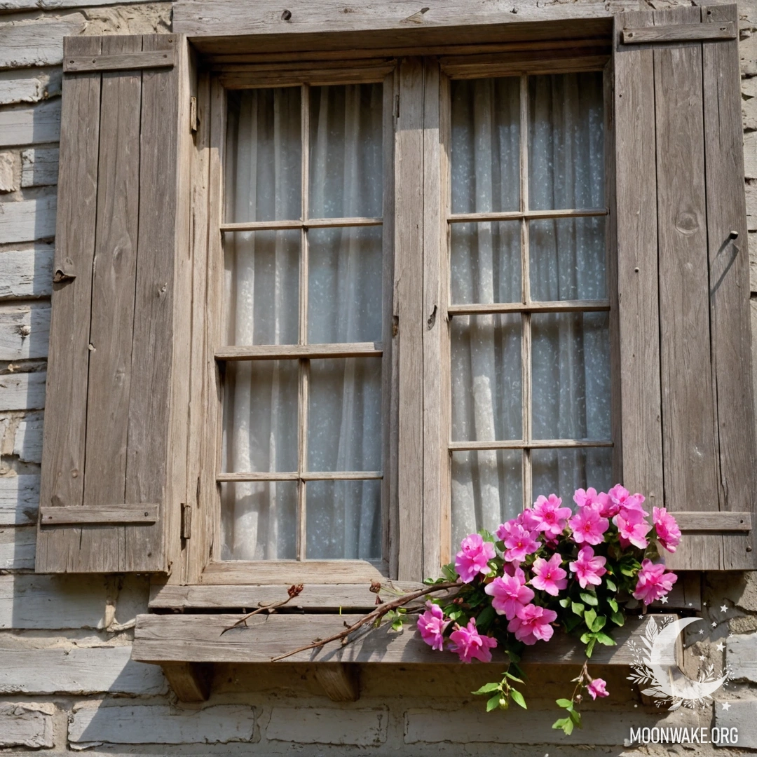 Shabby Window with Pink Blossoms A shabby wooden window with shutters and a kerosene lamp above, surrounded by a branch with pink flowers and sun rays.