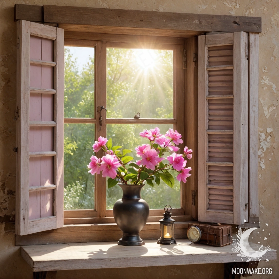 Shabby Window with Pink Blossoms A shabby wooden window with shutters and a kerosene lamp above, surrounded by pink flowers.