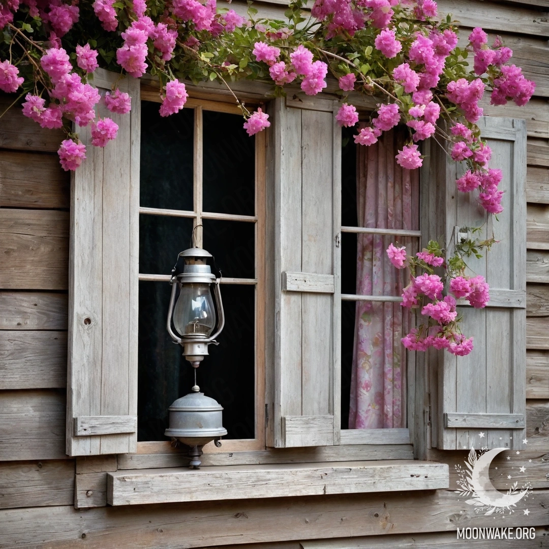 An old wooden window with shutters, a kerosene lamp above, and pink flowers entwining around it.