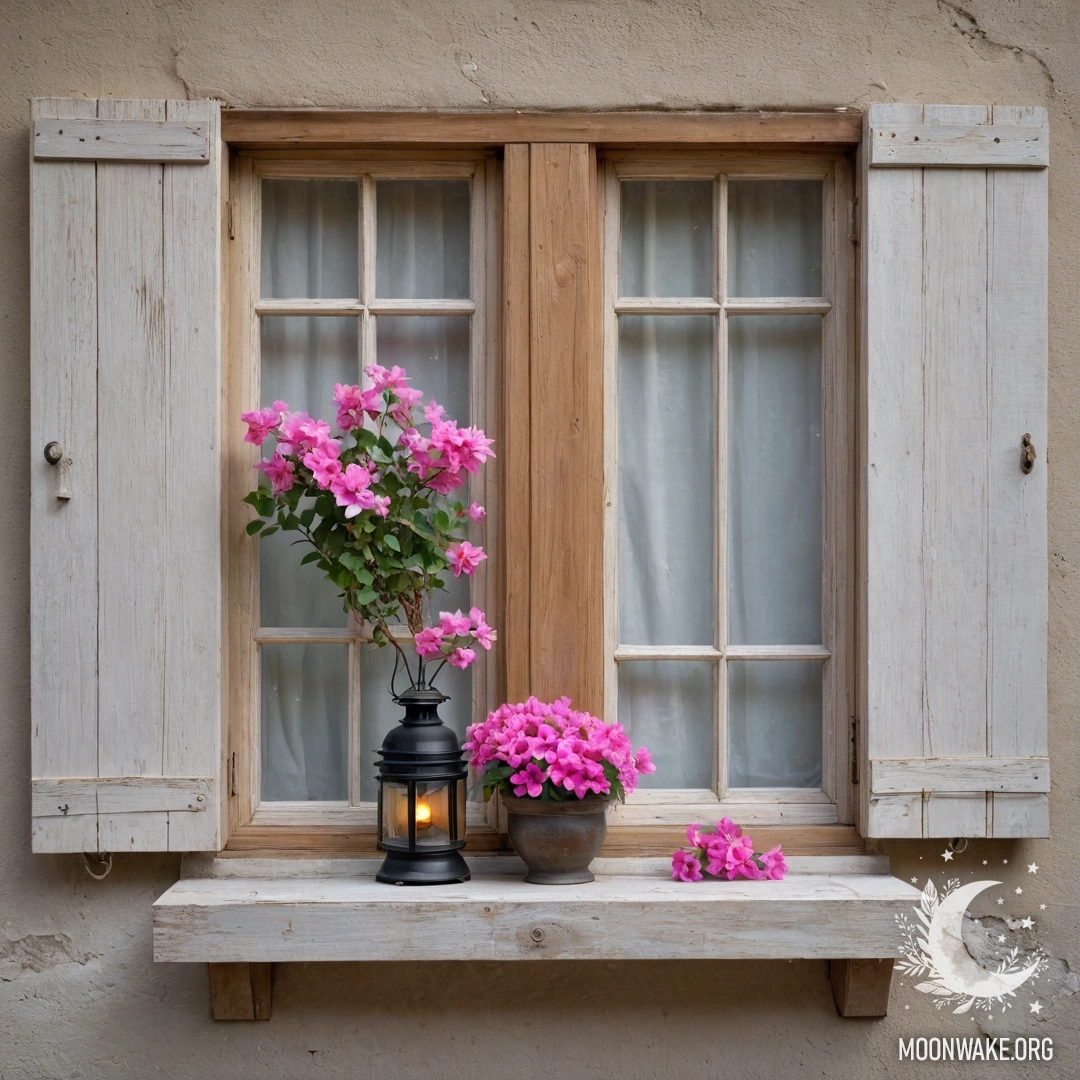 A shabby wooden window with shutters and a kerosene lamp above, adorned by a branch of pink flowers.