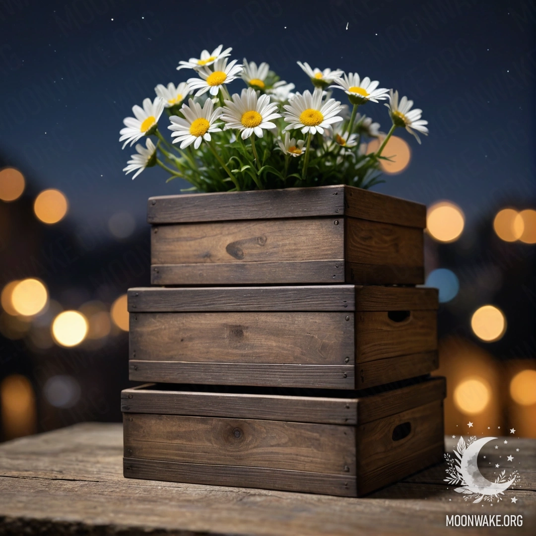Two shabby wooden boxes stacked with white daisies on top at night.
