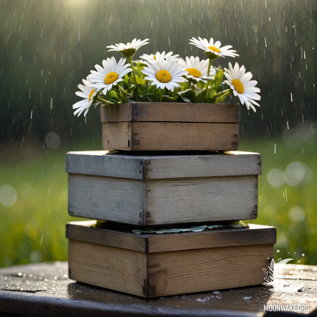 Two shabby wooden boxes holding daisies under the rain.