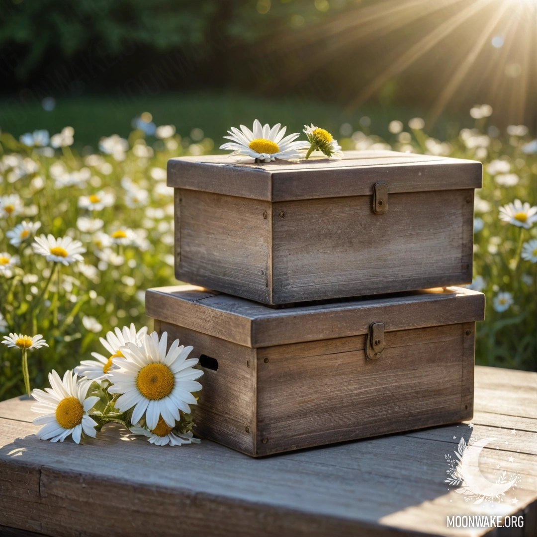Two shabby wooden boxes stacked, adorned with daisies, warm sun rays shine above.