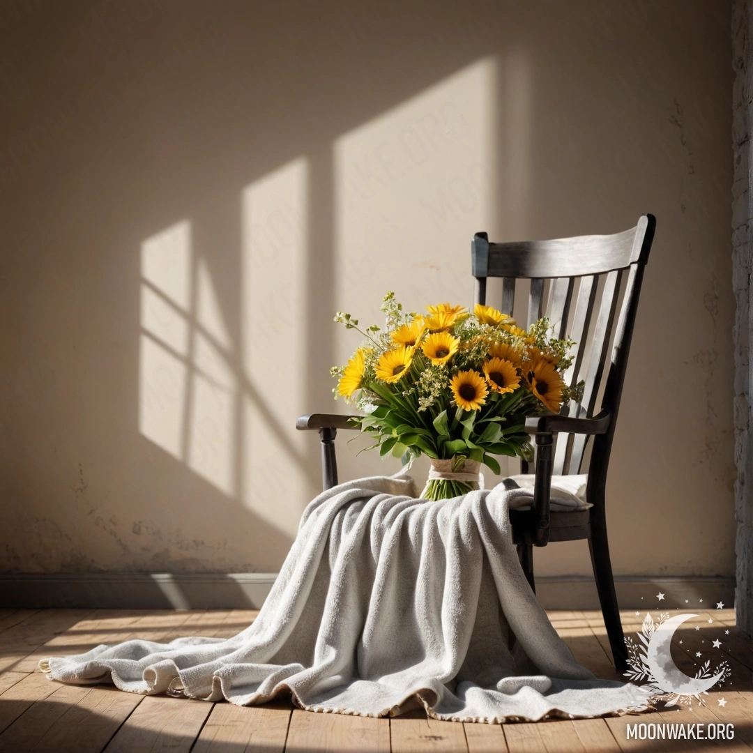 A wooden table with a jar of flowers on it, illuminated by a light garland bokeh in the background during night time.