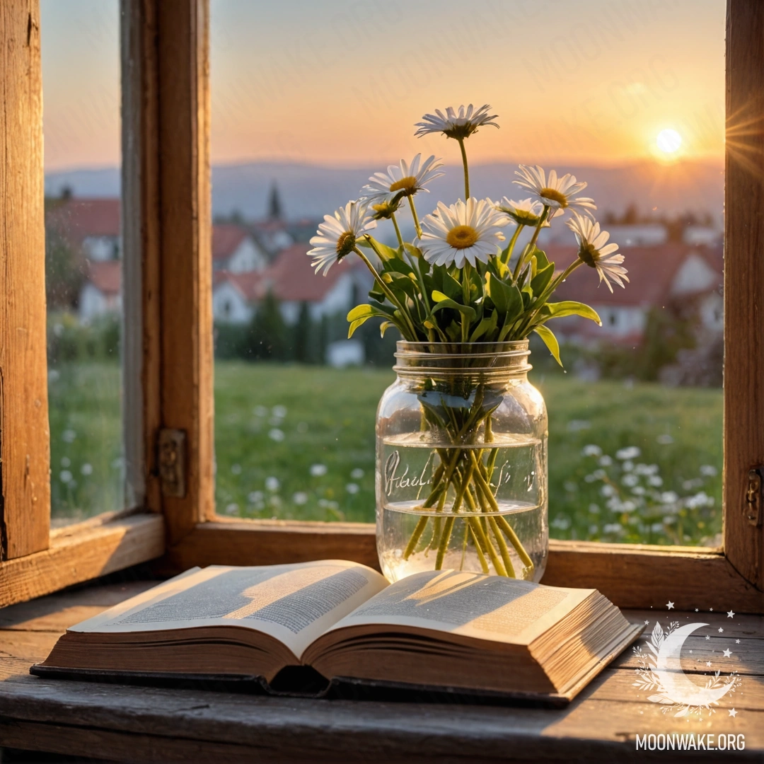 A bouquet of flowers in a jar on a shabby wooden table, with a light garland bokeh in the rain.
