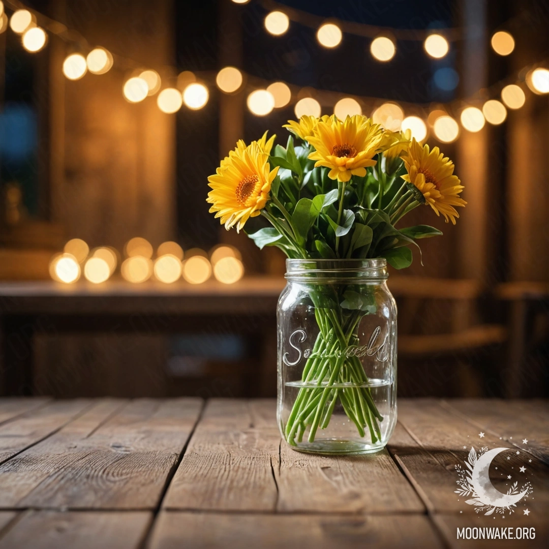A shabby wooden table with a jar containing a bouquet of flowers, illuminated by a light garland bokeh in the background.