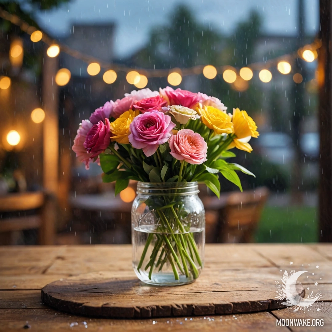 A shabby wooden table with a jar of flowers and a bokeh light garland in the rain