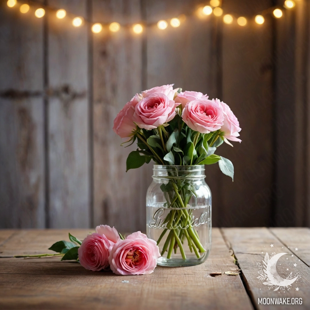 A shabby wooden table with a jar of flowers and a bokeh background.