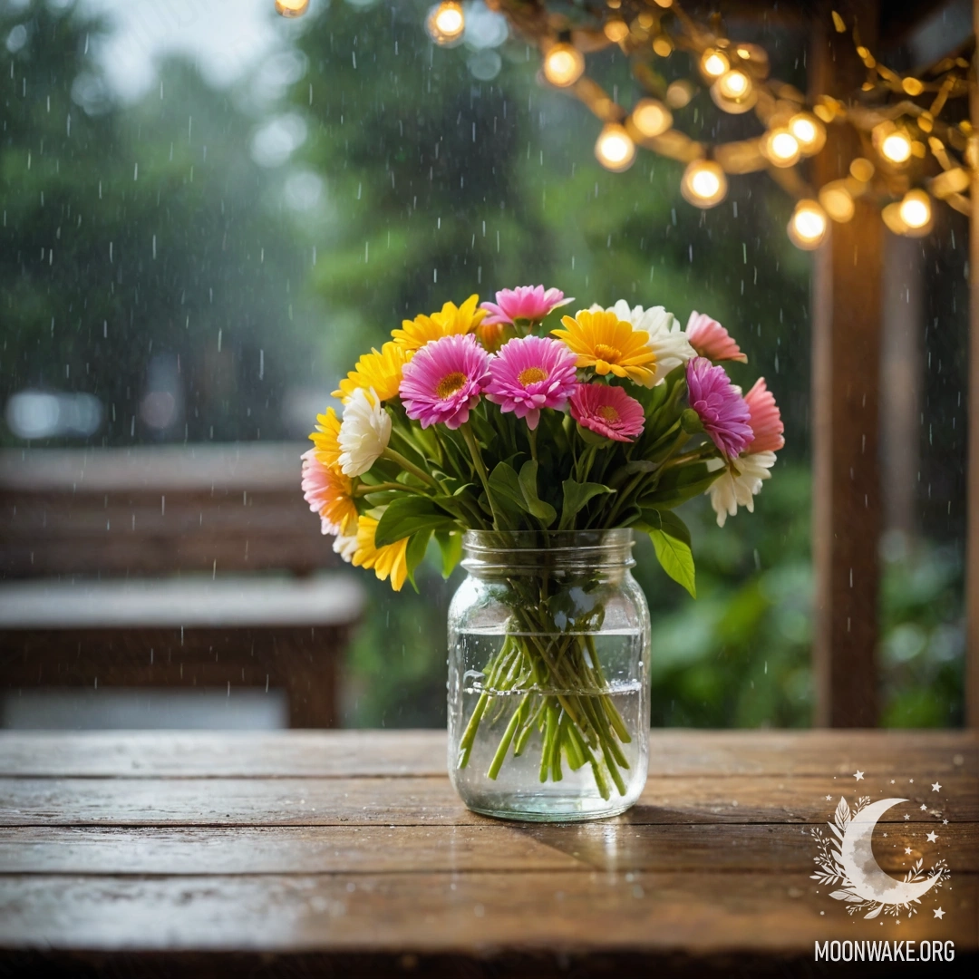 Shabby Wooden Table with Flowers A shabby wooden table with a jar of flowers and bokeh lights in the background during rain.