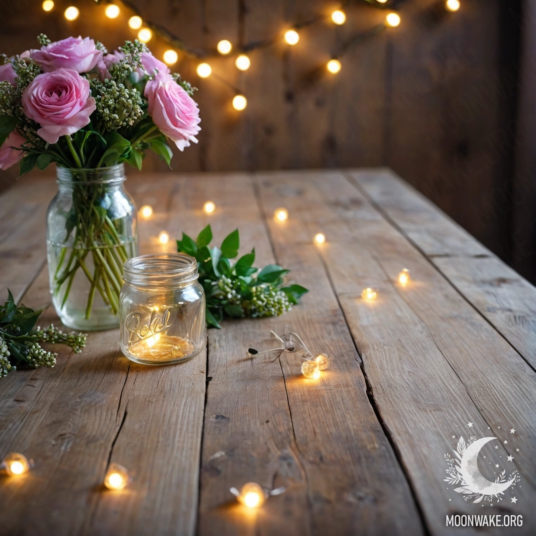 A shabby wooden table with a jar containing flowers and a light bokeh background.