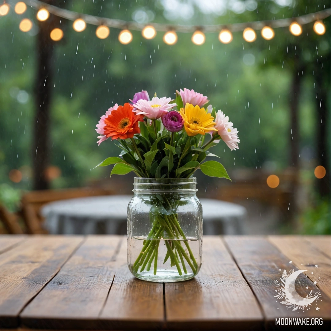 A rustic wooden table with a jar of flowers and a bokeh background of lights in the rain.