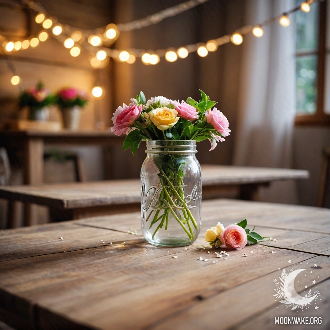 A shabby wooden table with a jar of flowers and a bokeh background of lights.