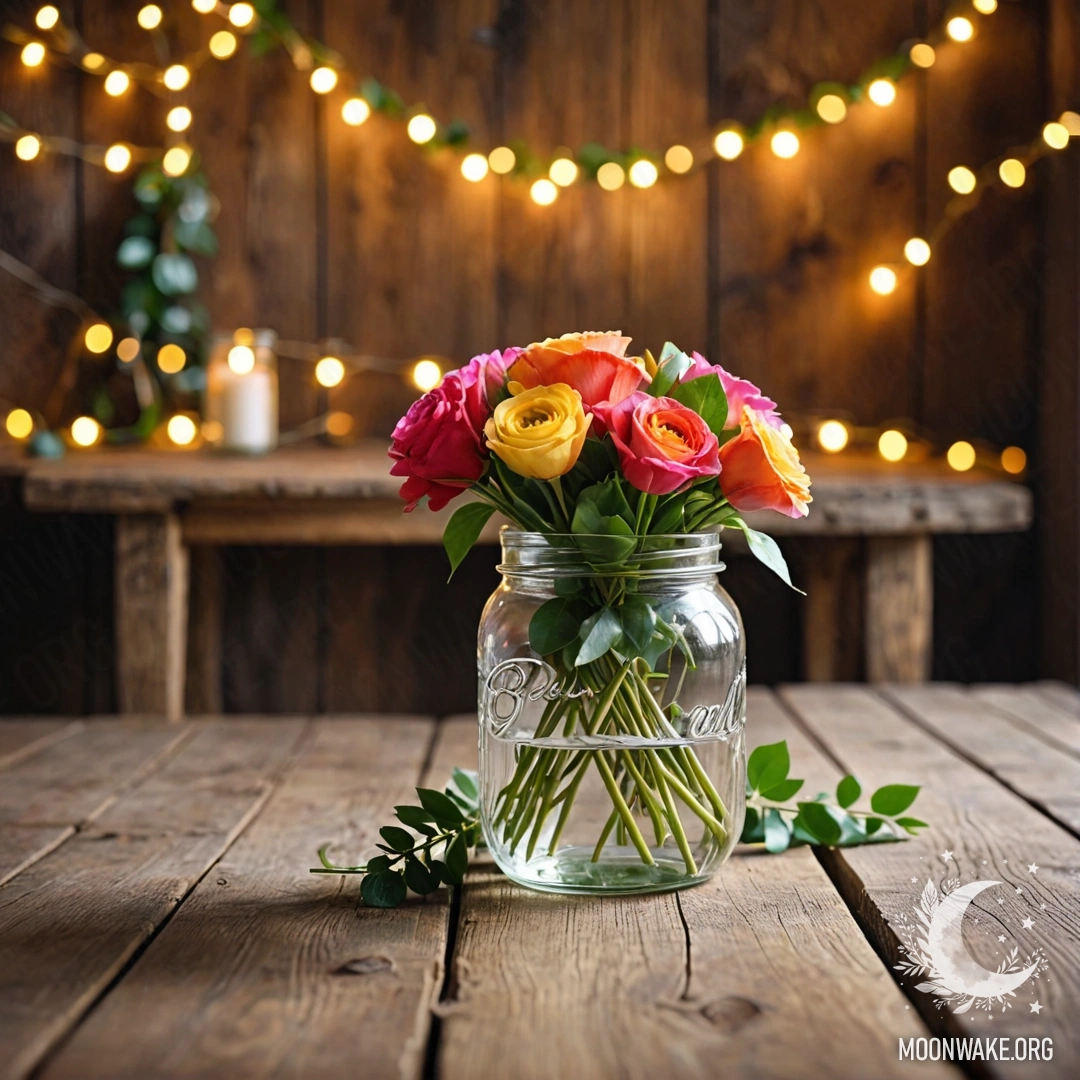 A shabby wooden table with a jar of flowers and a blurred light garland in the background.