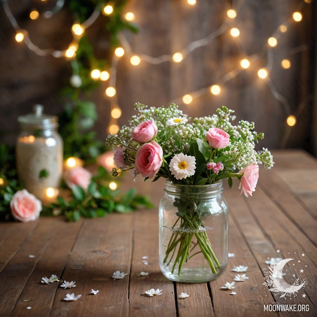 Rustic Charm: Flowers in a Jar A shabby wooden table with a jar holding a bouquet of flowers, softly illuminated by light garland bokeh in the background.