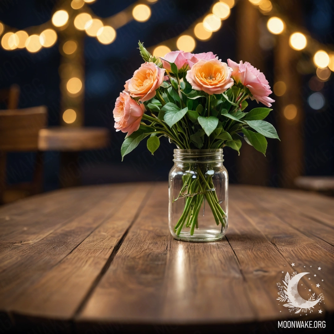 A shabby wooden table with a jar of flowers and a light garland bokeh at night.