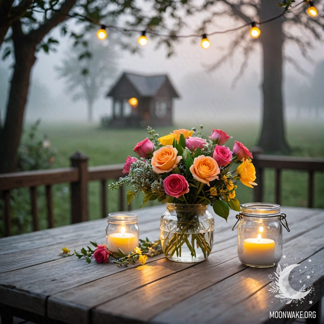 A shabby wooden table with a jar of flowers and a light garland bokeh in a dense fog.