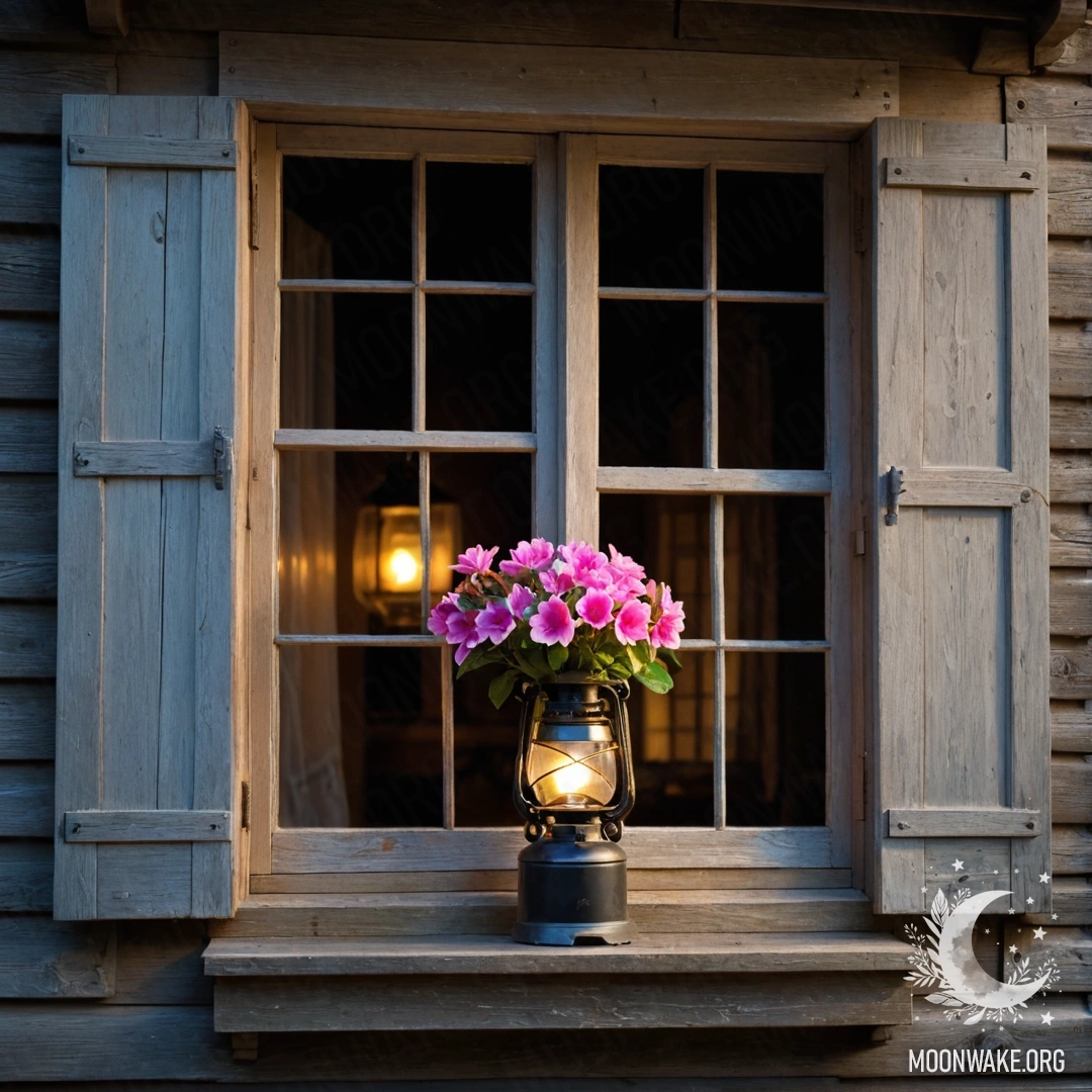 A shabby wooden window at night, adorned with pink flowers and a kerosene lamp.
