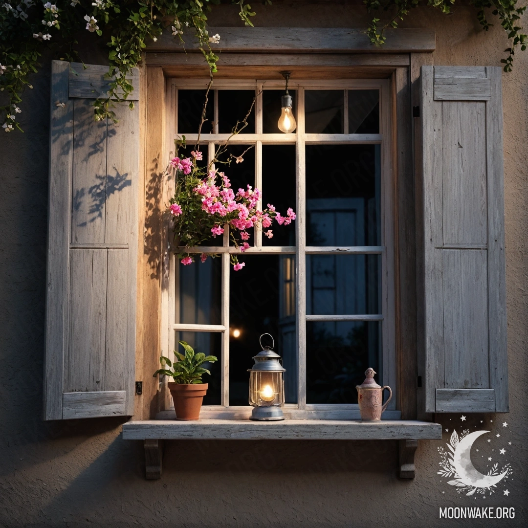 A shabby wooden window with shutters adorned by a branch of pink flowers at night, with a kerosene lamp hanging above.