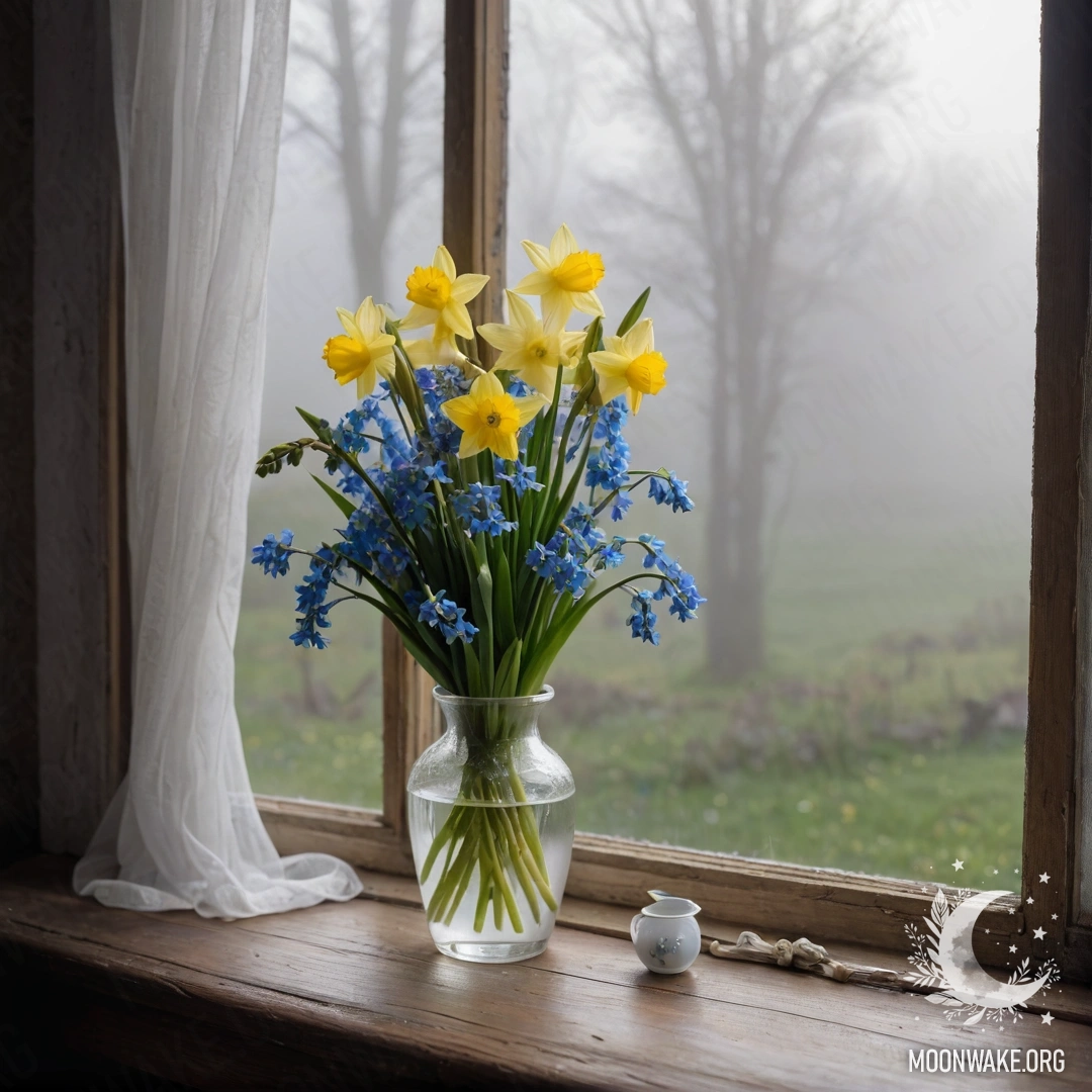 An old shabby wooden window sill holds a white porcelain vase filled with yellow daffodils and small blue forget-me-nots, surrounded by dense mist.