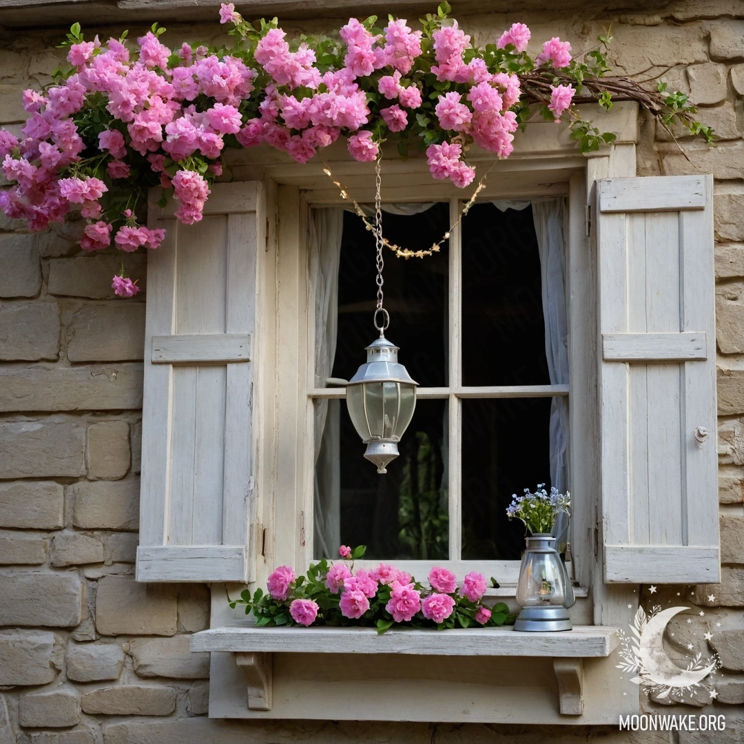 A shabby wooden window with shutters, adorned with pink flowers and a kerosene lamp above, creating a romantic atmosphere.