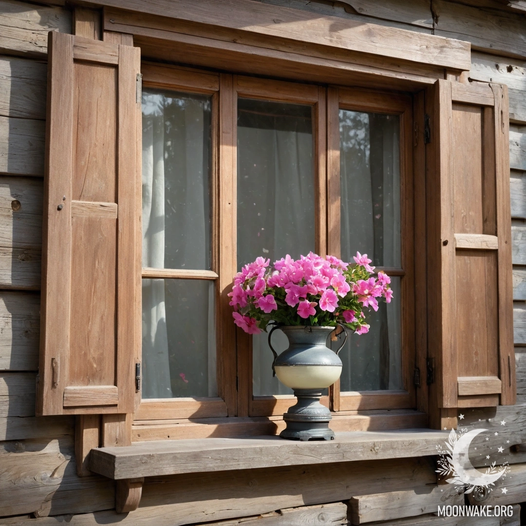 A shabby wooden window with shutters, adorned by pink flowers and a kerosene lamp above.