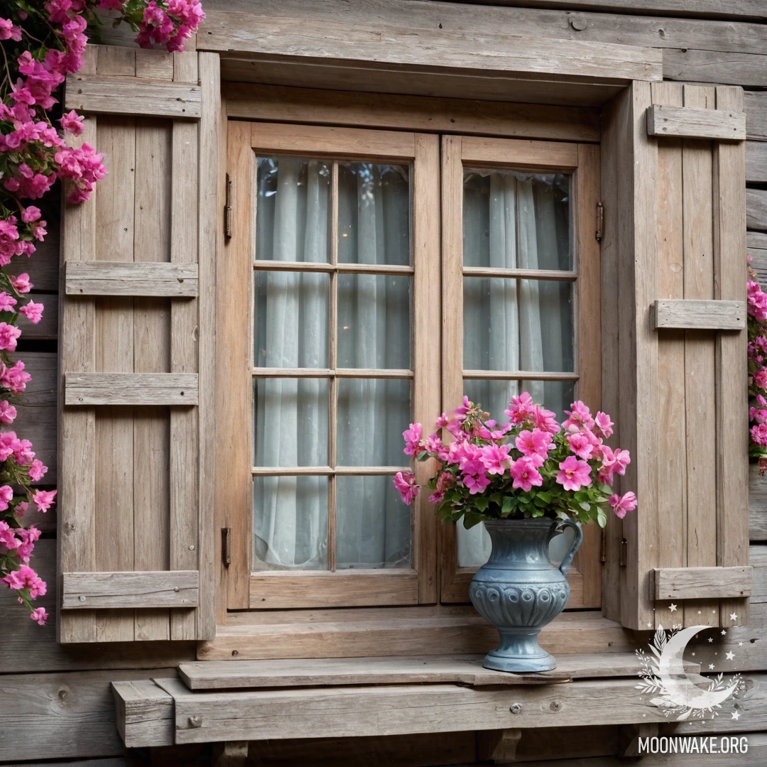 Charming Wooden Window with Blossoms A shabby wooden window draped in pink flowers, with a kerosene lamp above.
