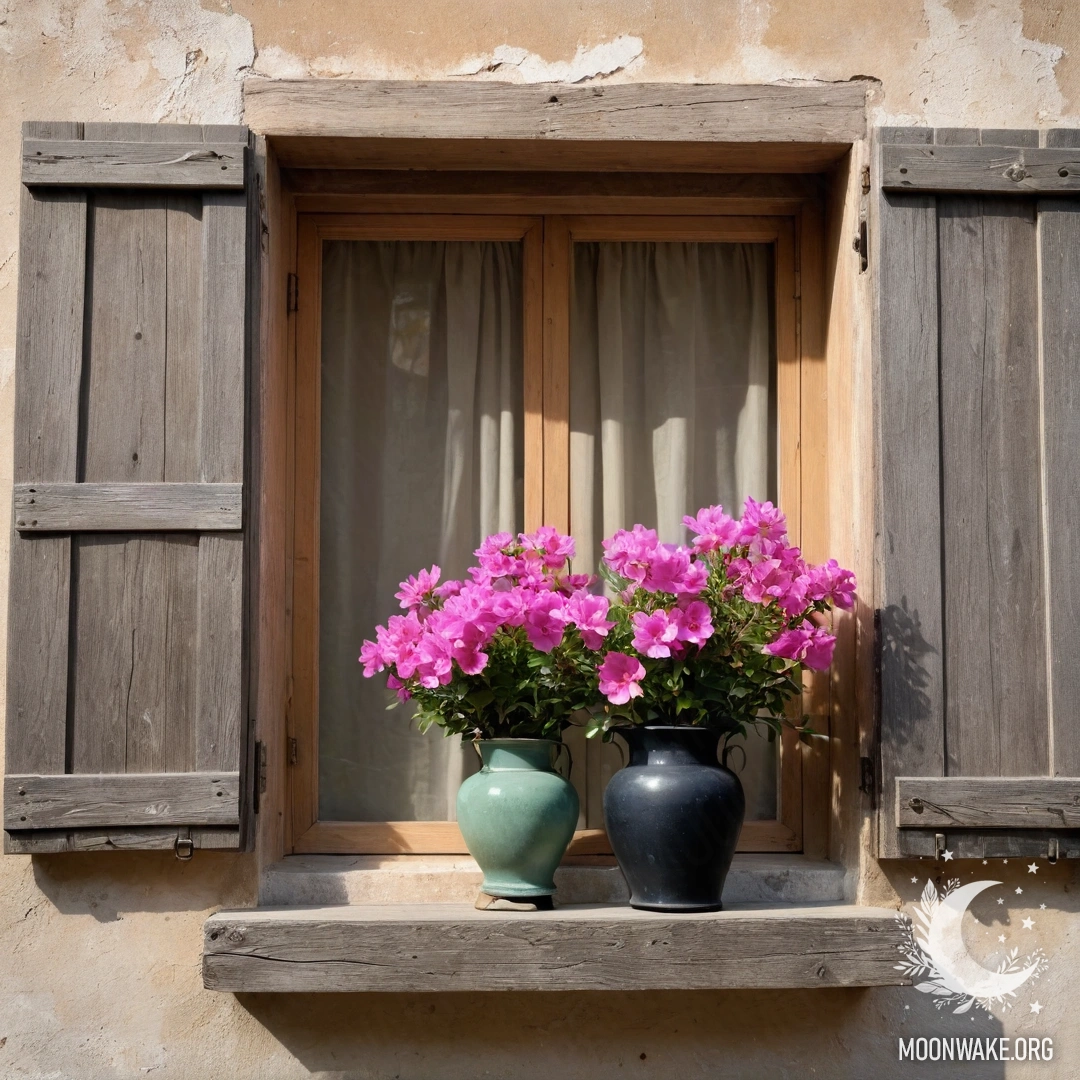 A shabby wooden window adorned with pink flowers and a hanging kerosene lamp.
