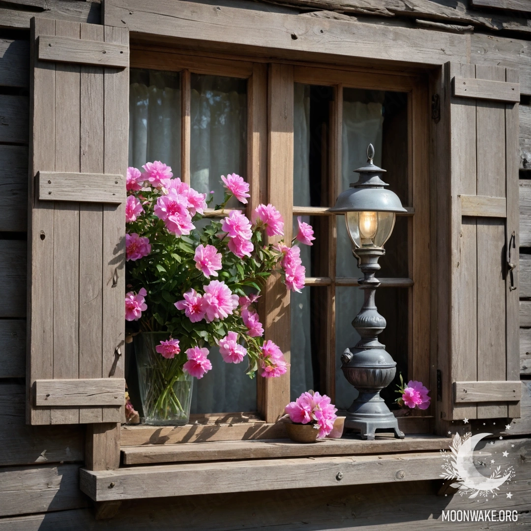 Rustic Window with Blossoms and Lantern A photorealistic depiction of a shabby wooden window adorned with pink flower branches and a kerosene lamp above.