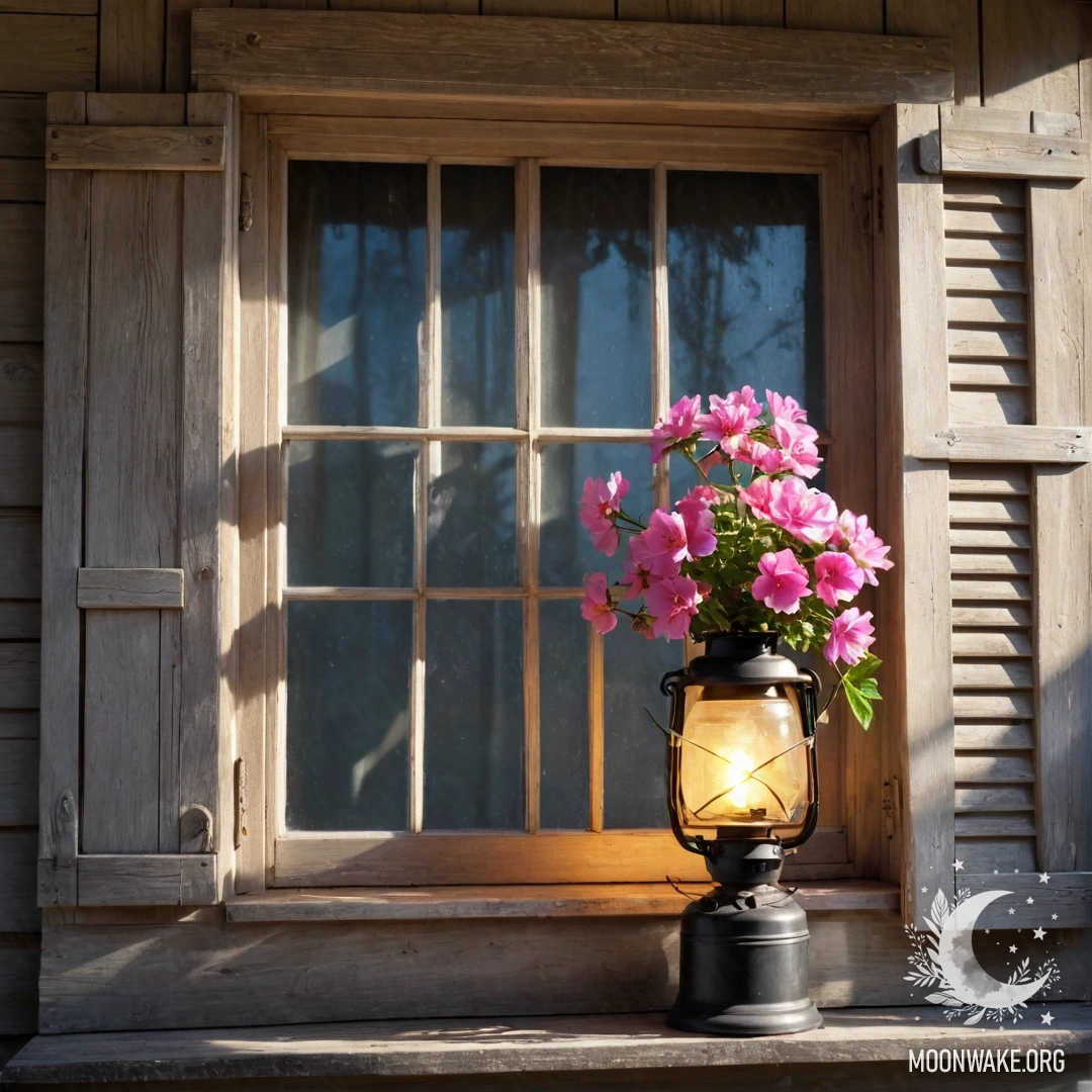 Serene Wooden Window with Flowers and Kerosene Lamp A shabby wooden window with shutters, a kerosene lamp hanging above it, and pink flowers curling around the window in sunlight.