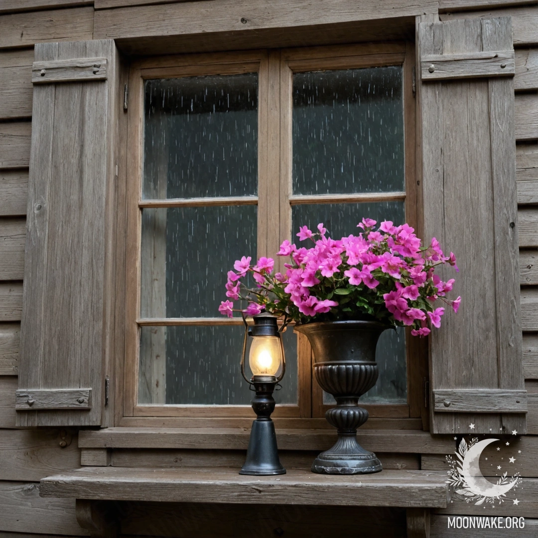 Shabby Wooden Window with Kerosene Lamp A shabby wooden window with open shutters, a kerosene lamp above, pink flowers curling around the window under the rain.