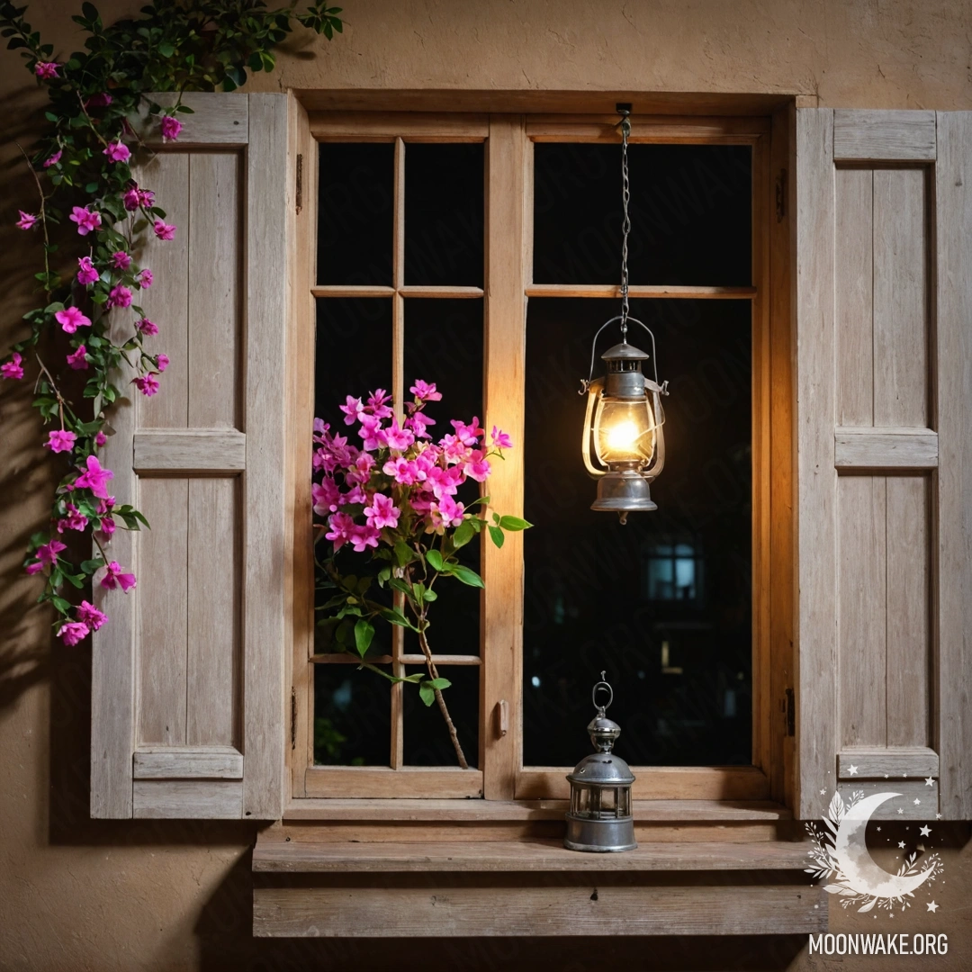 An old wooden window with shutters and a kerosene lamp above it, adorned with a branch of pink flowers in the night.