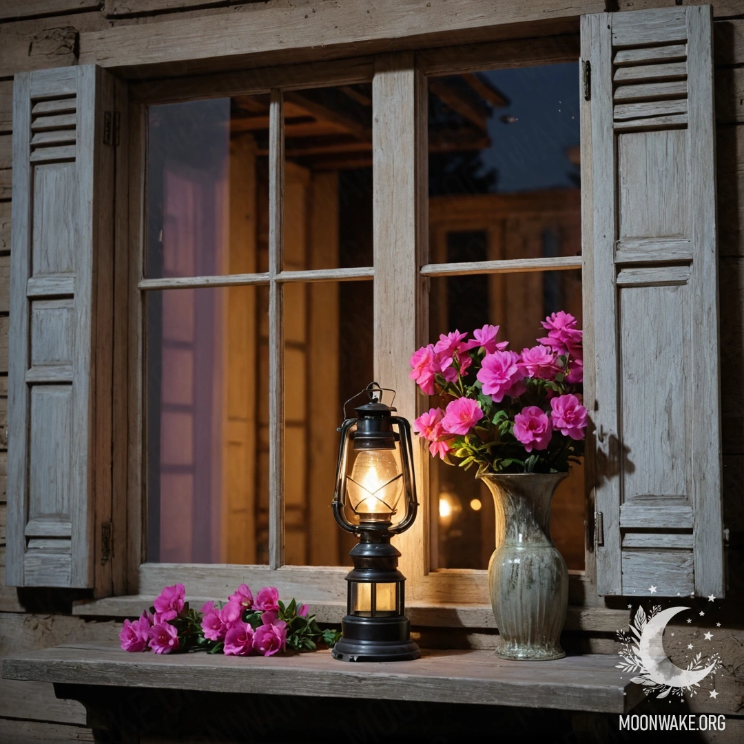 A shabby wooden window with shutters, a kerosene lamp hanging above it, and a branch with pink flowers intertwined, all under the night sky.