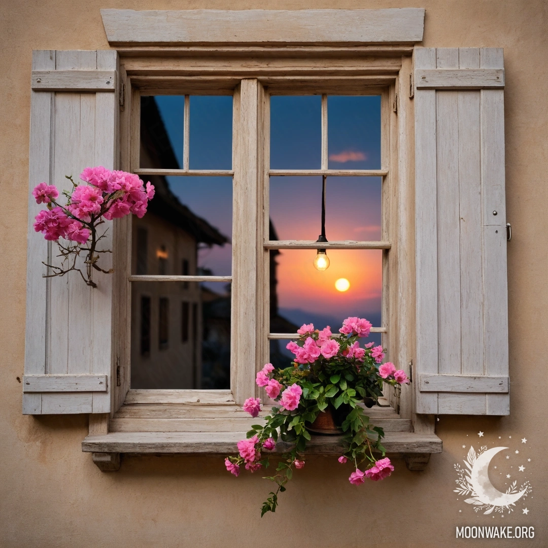 Shabby Wooden Window with Pink Blossoms A shabby wooden window adorned with pink blossoms and a kerosene lamp overhead, captured at sunset.
