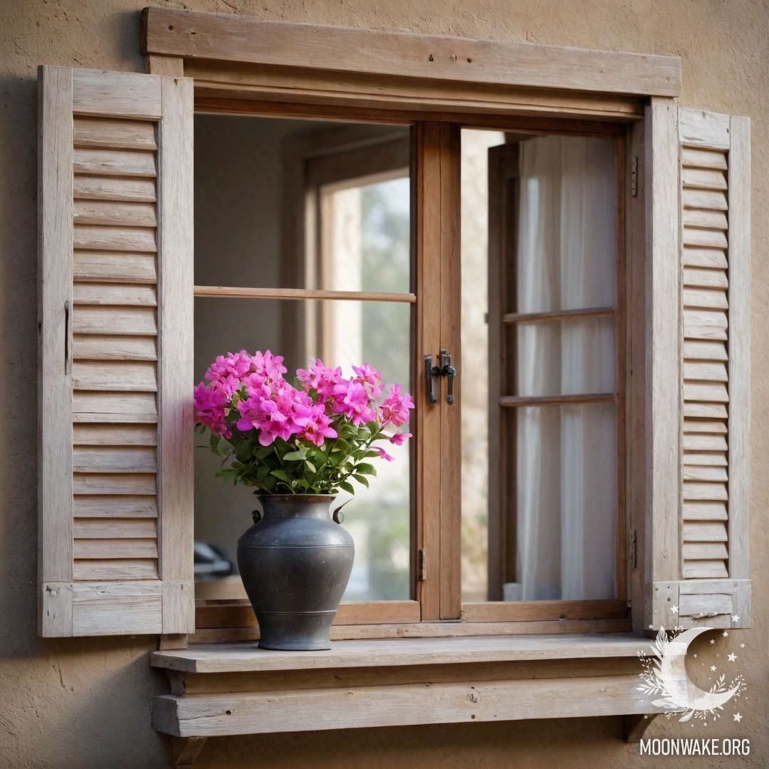 A shabby wooden window adorned with pink flowers and a kerosene lamp hanging above.