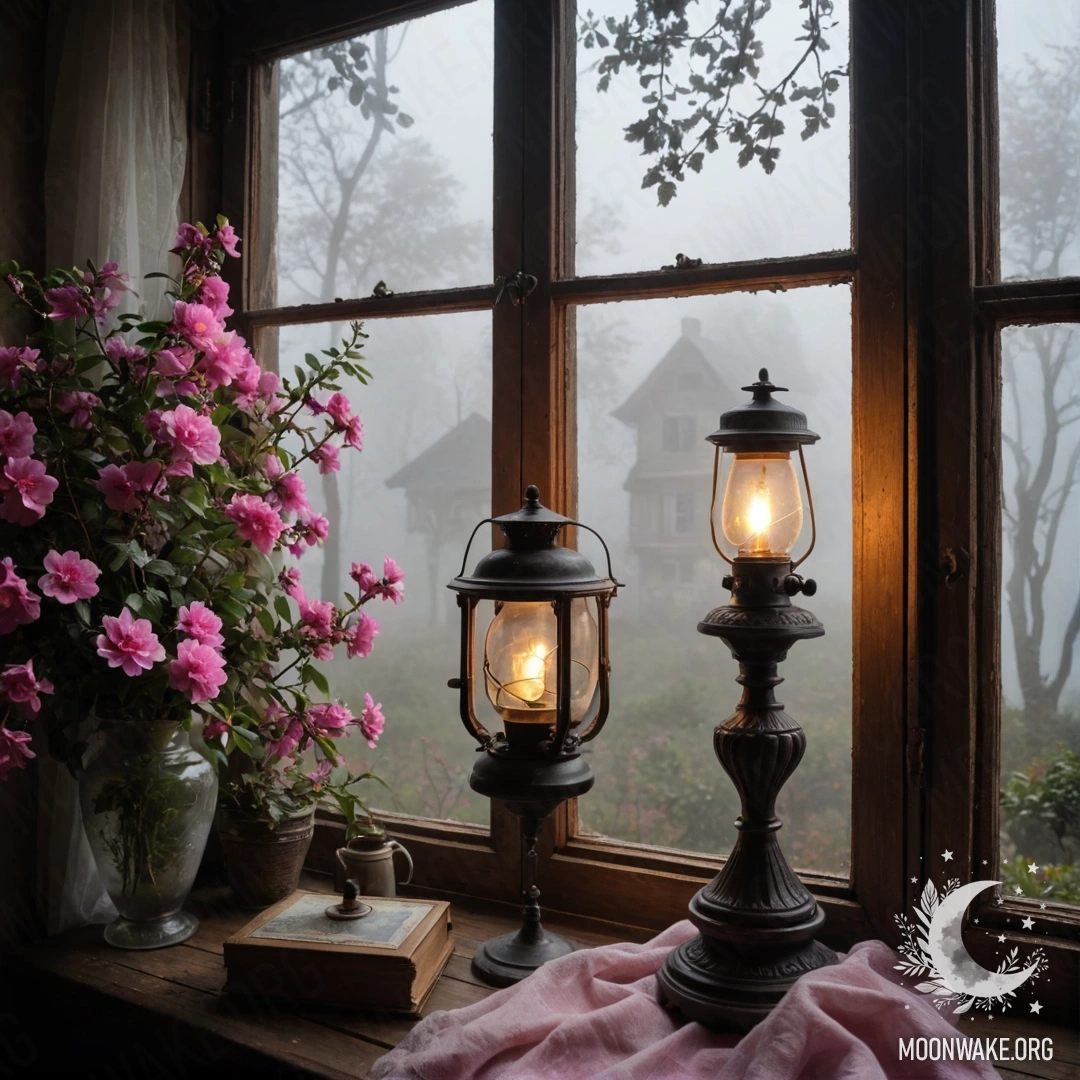 A shabby wooden window with shutters, a kerosene lamp above and pink flowers around