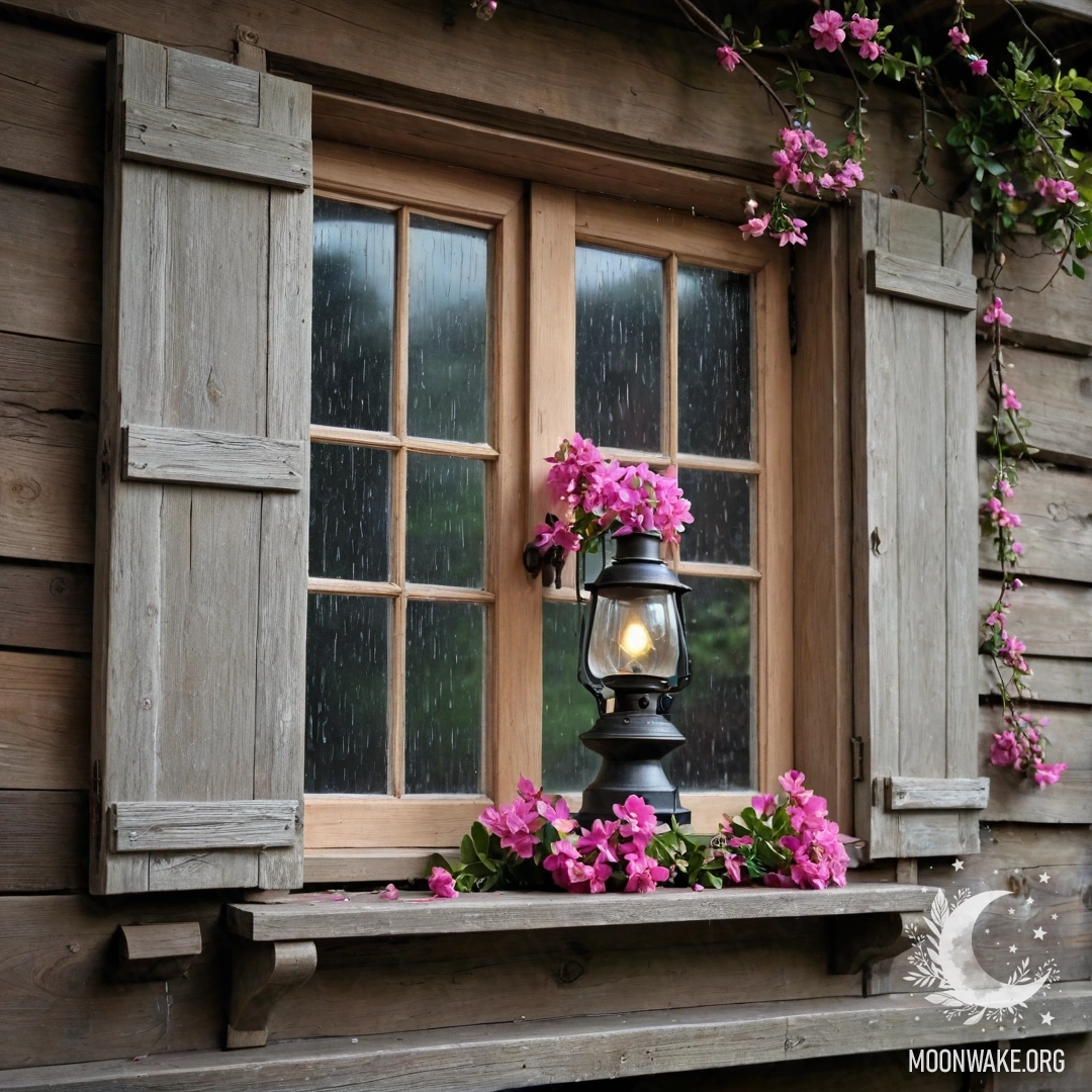 Shabby Wooden Window with Pink Blossoms A shabby wooden window with shutters and a kerosene lamp; pink flowers curl around it under the rain.