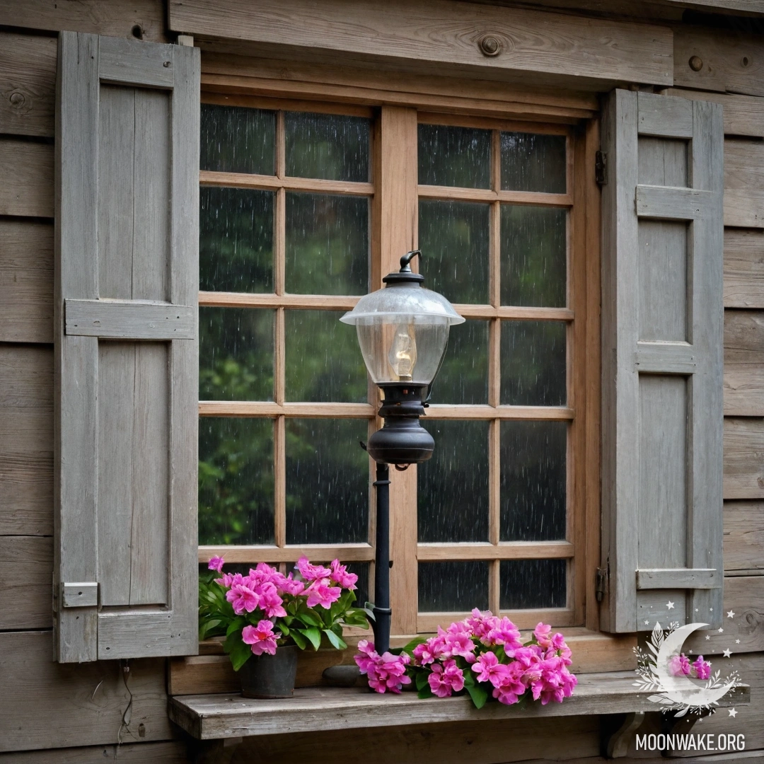 A shabby wooden window with shutters, a kerosene lamp, and a branch of pink flowers under the rain.