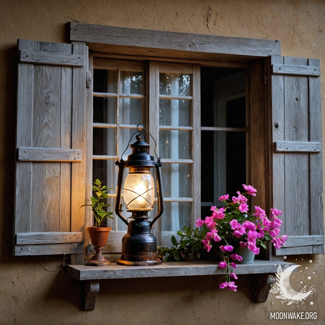 A shabby wooden window and shutters with a kerosene lamp above, adorned with pink flowers at night.