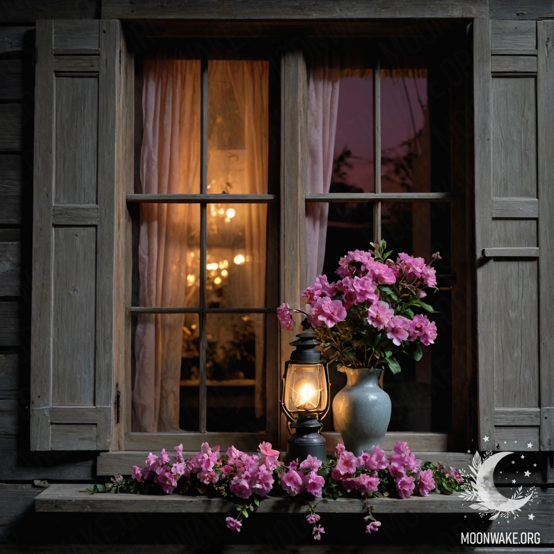 Shabby Wooden Window with Pink Flowers An old wooden window with shutters and a kerosene lamp above it, adorned with pink flowers at night.
