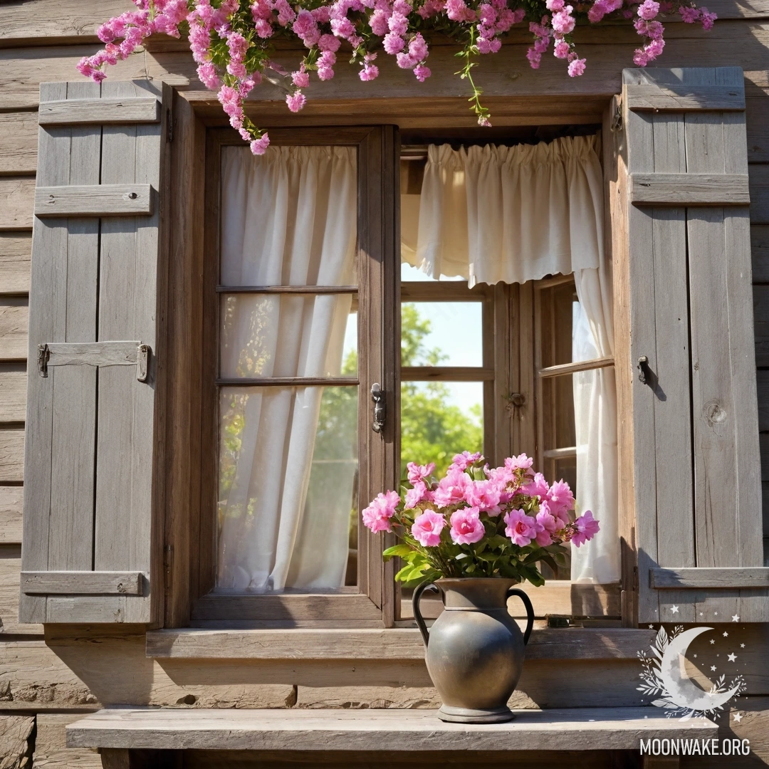 A shabby wooden window adorned with pink flowers and a kerosene lamp.