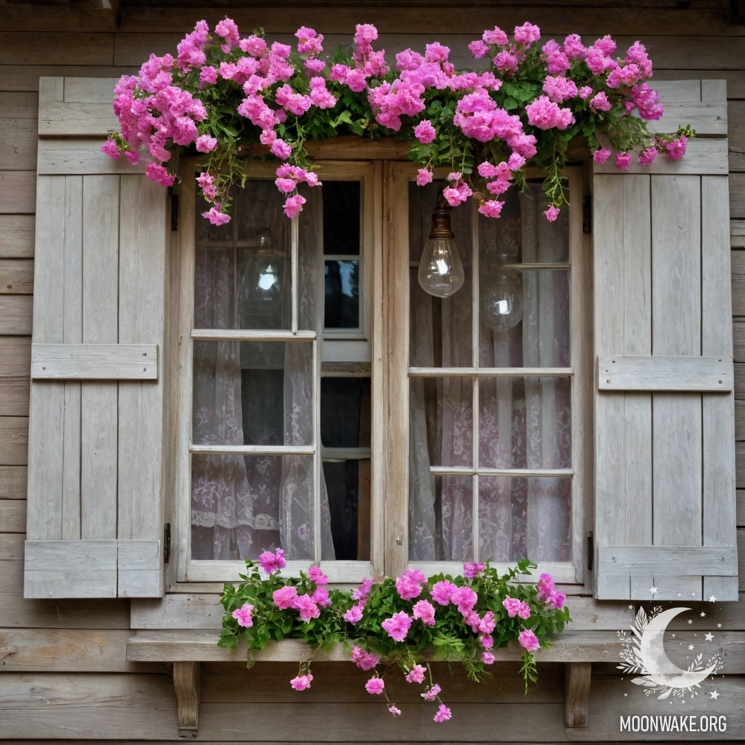 Rustic Window with Pink Flowers A weathered wooden window adorned with pink flowers, illuminated by a hanging kerosene lamp.