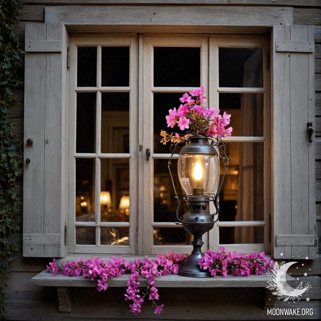 Shabby Wooden Window with Pink Floral Branch A shabby wooden window with shutters, above which hangs a kerosene lamp, surrounded by a pink flower branch in the night.