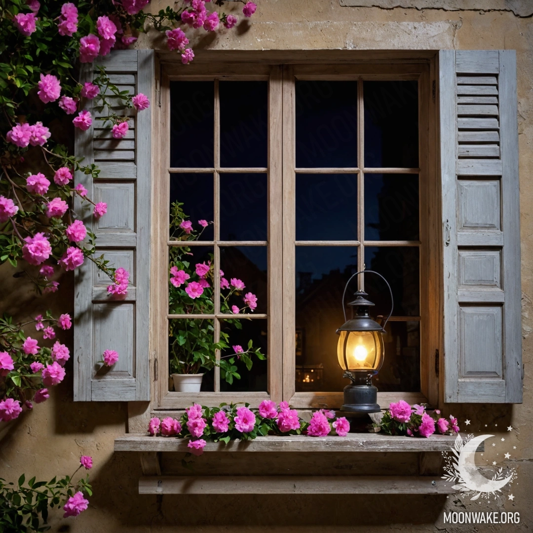 Shabby Wooden Window with Pink Flowers A shabby wooden window adorned with pink flower branches and a kerosene lamp hanging above, creating a romantic nighttime atmosphere.