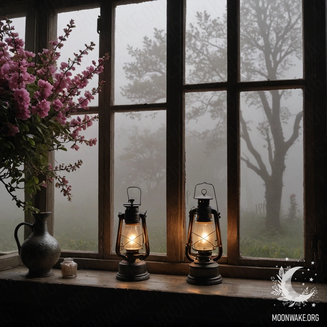 A shabby wooden window with shutters, adorned with pink flowers and a kerosene lamp above, surrounded by heavy fog.