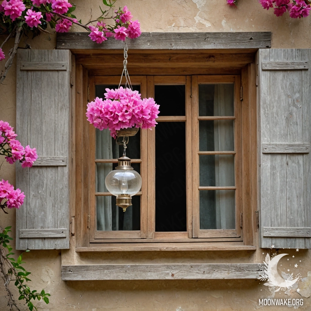 Rustic Window with Pink Blooms A rustic wooden window with shutters, pink flowers, and a kerosene lamp.