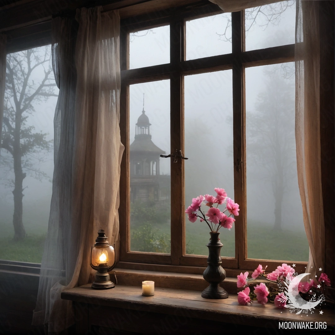 A shabby wooden window adorned with pink flower branches and a kerosene lamp, surrounded by heavy fog.